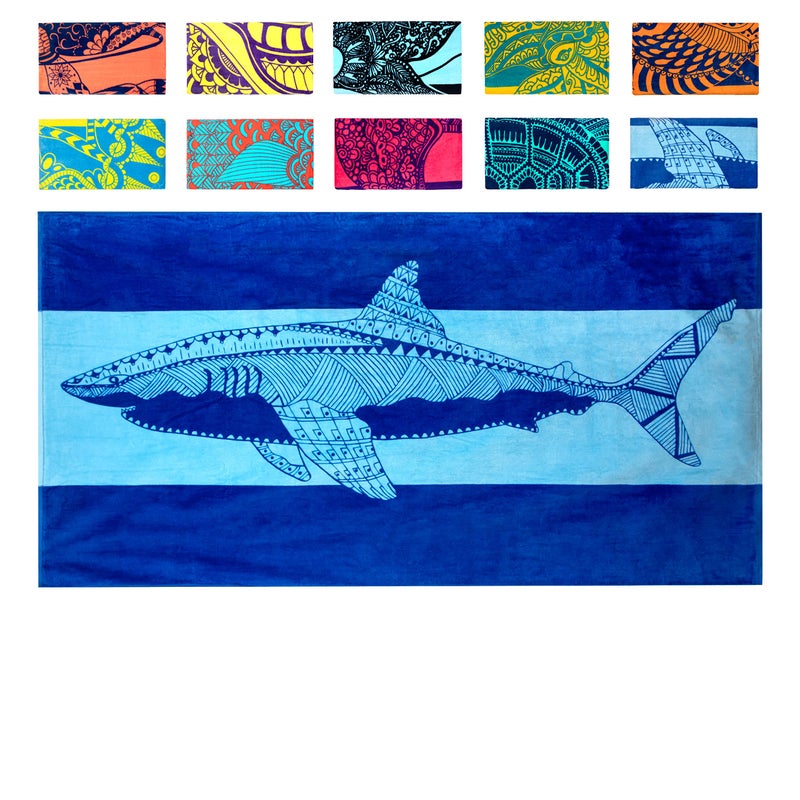Nova Blue Shark Beach Towel â€“ Blue with A Tropical Design, Extra Large, XL (34â€x 63â€) Cool Hawaiian, Navy Beach Towel with Light Blue Stripe, Made from 100% Cotton - Image 1